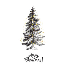 Card design with a hand drawn Christmas tree with snowflakes and Merry Christmas text.