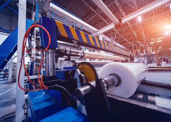 Modern automated production line in factory. Plastic bag manufacturing process