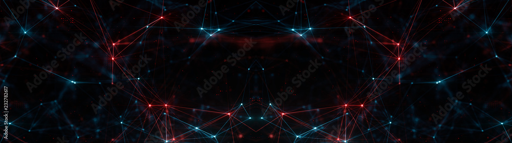 Poster abstract ultra wide plexus structure of many glowing lines and particles. orange blurred background 