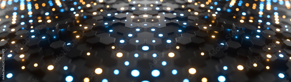 Poster abstract hexagonal geometric background. structure of lots of hexagons of carbon fiber with small gl