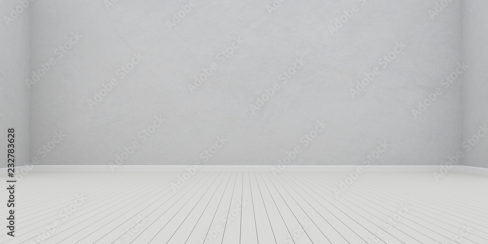 Poster Stimulate image of white empty room interior and laminate wood floor with sun light cast shadow on the wall,Perspective of minimal design architecture. 3D rendering
