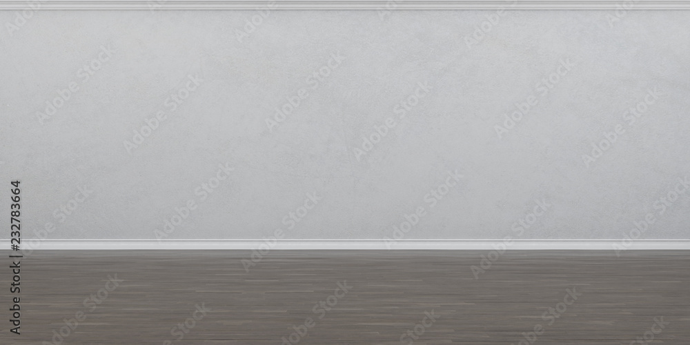 Poster Stimulate image of white empty room interior and laminate wood floor with sun light cast shadow on the wall,Perspective of minimal design architecture. 3D rendering