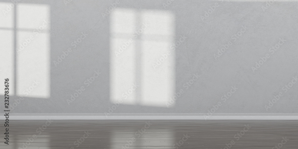 Poster stimulate image of white empty room interior and laminate wood floor with sun light cast shadow on t