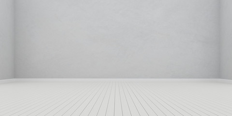 Stimulate image of white empty room interior and laminate wood floor with sun light cast shadow on the wall,Perspective of minimal design architecture. 3D rendering