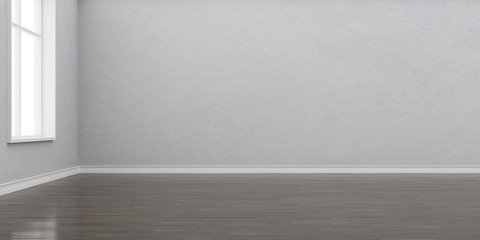 Stimulate image of white empty room interior and laminate wood floor with sun light cast shadow on the wall,Perspective of minimal design architecture. 3D rendering