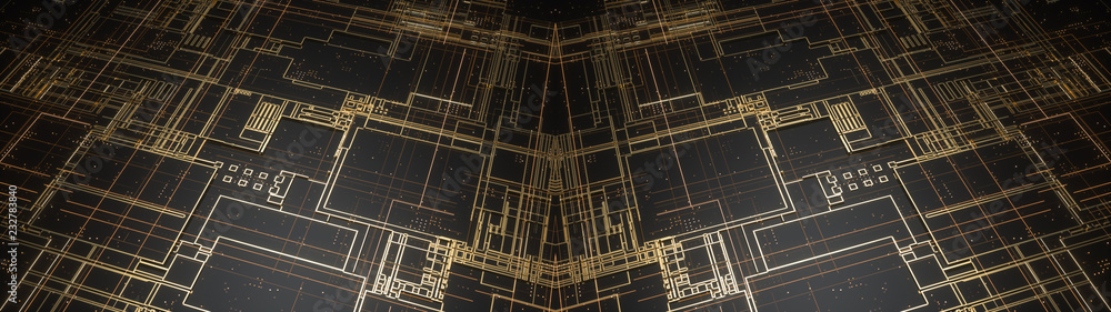 Poster digital electronic circuit board. abstract ultra wide structure of many glowing lines and geometric 