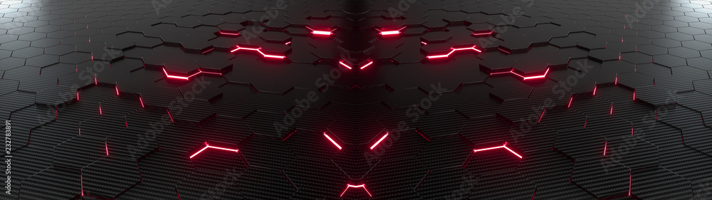 Poster abstract hexagonal geometric ultra wide background. structure of lots of hexagons of carbon fiber wi