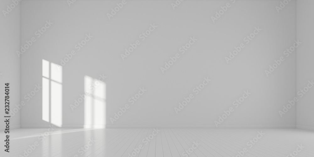 Poster Stimulate image of white empty room interior and laminate wood floor with sun light cast shadow on the wall,Perspective of minimal design architecture. 3D rendering