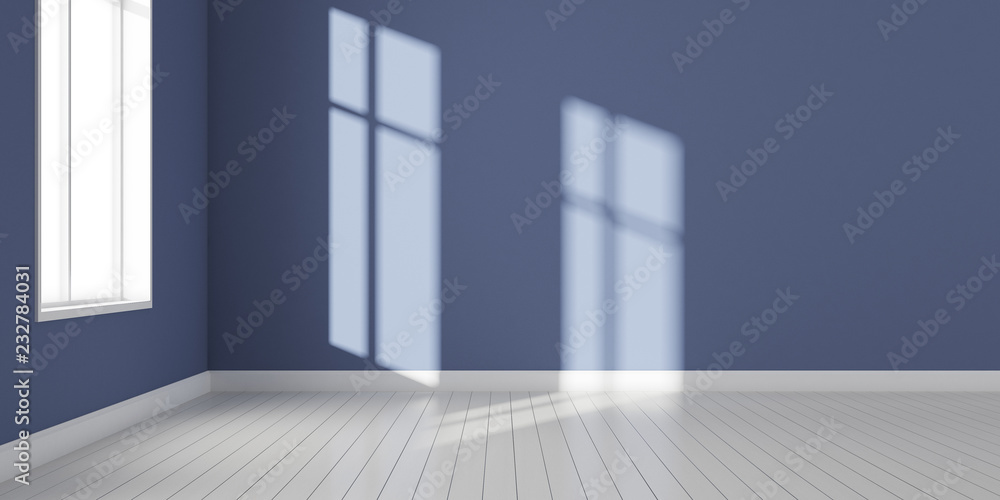 Poster Stimulate image of white and blue empty room with laminate wood floor with and sun light cast shadow on the wall,Perspective of minimal design architecture. 3D rendering.