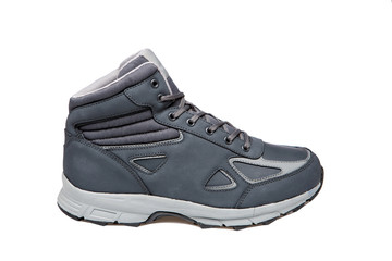 one blue sport nubuck leather boots, active walking shoes, on a white background, isolate