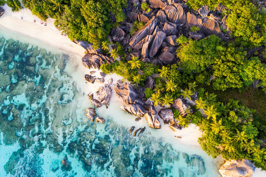 Aerial view of Anse Source d'Argent beach, La Digue island, Seychelles, Africa
