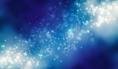 Festive christmas blue background with bokeh, glow, lights, snowflakes