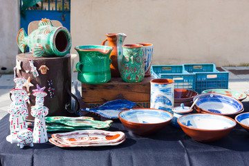 Ceramic pottery for sale at a local market in Esporles, Mallorca, Spain
