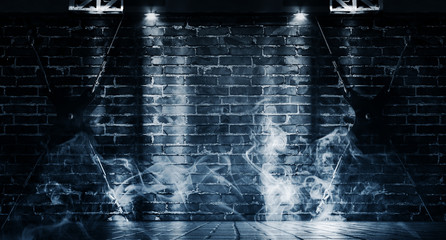 Background of a dark room with brick walls and concrete floor. Neon light, spotlight, smoke, fog, smog