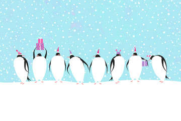Penguins celebrate Christmas. Winter holidays vector illustration. © elenkorn