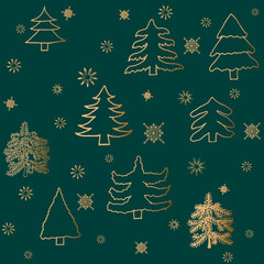 Seamless vector pattern with christmas trees and snowflakes. Can be used for wallpaper, textile, packing, pattern fills, web page background. Creative Hand Drawn textures for winter holidays.