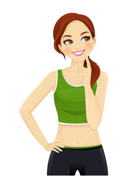 Sport fitness thinking woman looking away isolated on white background vector illustration