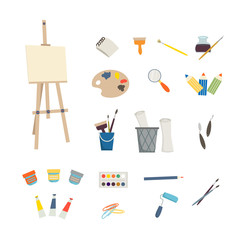 Art tools and easel on white background. Children art and design school concept. Cartoon illustration in flat style