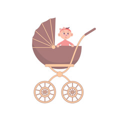 Baby Girl in the carriage. Isolated on white background. Vector cartoon illustration in flat style