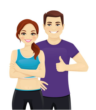 Young man and woman in sports outfits isolated
