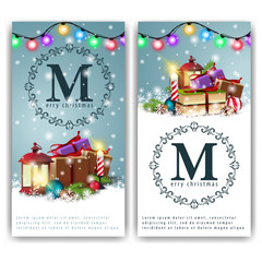 Two Christmas banners with a mountain of gifts