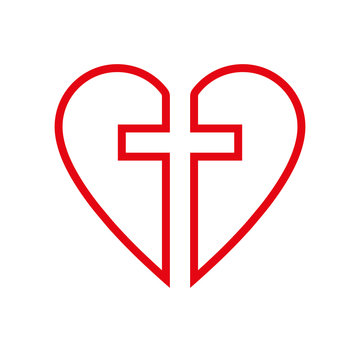 Christian cross icon in the heart inside. Red christian cross sign isolated on white background. Vector illustration. Christian symbol.