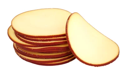 Schilderijen op glas German smoked cheese slices isolated on a white background © philip kinsey