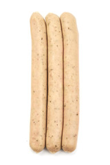 German White Thin sausages, top view, isolated on a white background. Close-up.