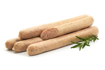Sausages For Beer with herbs, isolated on a white background. Close-up.