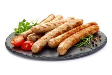 Fried Sausages For Beer on a slate shale plate, isolated on a white background. Close-up.