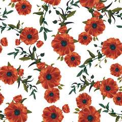 Seamless pattern. Flower arrangement on a white background. Small red flowers, leaves, twigs, foliage, various plants, bouquets.