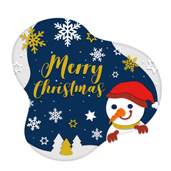 Christmas Typographical on dark navy Xmas background with snowman christmas tree and snowflakes. Merry Christmas card. Vector Illustration