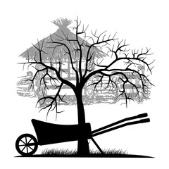 Tree silhouette with garden cart on the background of a country house. Vector illustration 