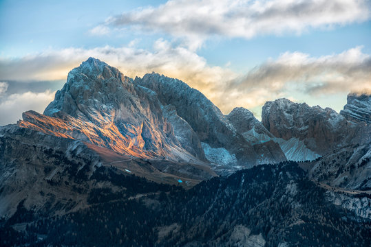 Italy, Trentino, Odle mountain range, Seceda and Sass Rigais at sunrise - Powered by Adobe