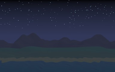 Starry moonless sky. Ocean shore line with waves on a beach. Island beach paradise with waves. Vacation, summer, relaxation. Seascape, seashore. Minimalist landscape, primitivism. 3D illustration