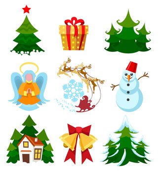 Colored xmas items. Christmas icons collection, snowman and christmastree, angel and santa, bells on red ribbon isolated on white background, vector illustration