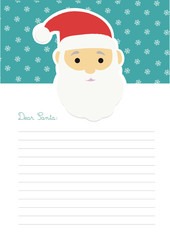 Obraz na płótnie Canvas Letter template to Santa Claus with an illustration of his head at the top on a turquoise background with snowflakes