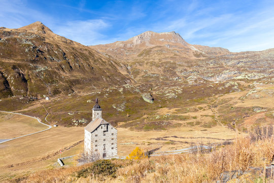 View of the Altes Hospiz, the old hospice, near the top of the Simplonpass, Canton of Valais, Switzerland.