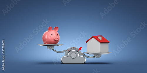 Metal Weight On A Blue Background House And Pig Money Box - 