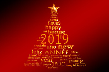 2019 new year multilingual text word cloud greeting card in the shape of a christmas tree