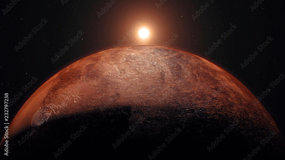 Canvas Prints mars, sunrise over planet mars, dark side of the red planet with shading 3d rendering. stars, space,
