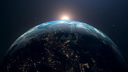 Planet Earth and sun. The sun is rising over World shading atmosphere, shading night to day 3D rendering.