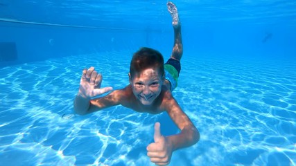 Cute boy swimming underwater in slow motion