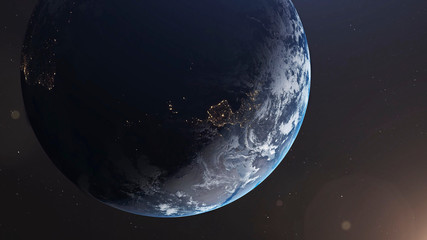 Planet Earth and sun. The sun is rising over World shading atmosphere, shading night to day 3D rendering.