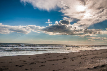 Great landscape isolated beach, sea and sand. Overcast sky. Adana/Turkey.