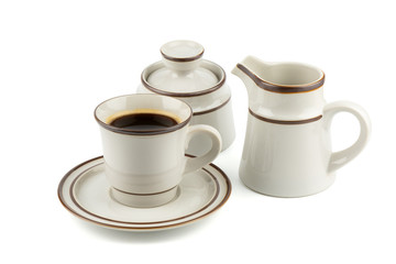 Set of Porcelain coffee and tea with sugar bowl and milk container isolated on white background. with clipping path inside..