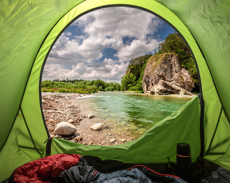 View from tent to Bialka river in the pieniny mountains - Image of outdoor recreation, Camping