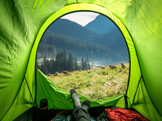View from tent to Tatras and herd of sheep, Poland © shaiith