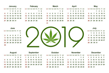 Marijuana calendar for 2019. Medical Cannabis. Simple Vector Template. Stationery Design Template. Isolated vector illustration on white background.
