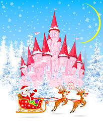 Santa and deers on the background of a pink castle